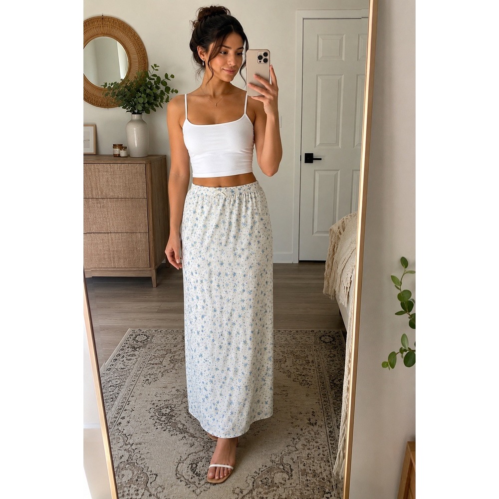 Wild Fable XS Floral Maxi Skirt Linen Blend Blue White Cottagecore Side Zip